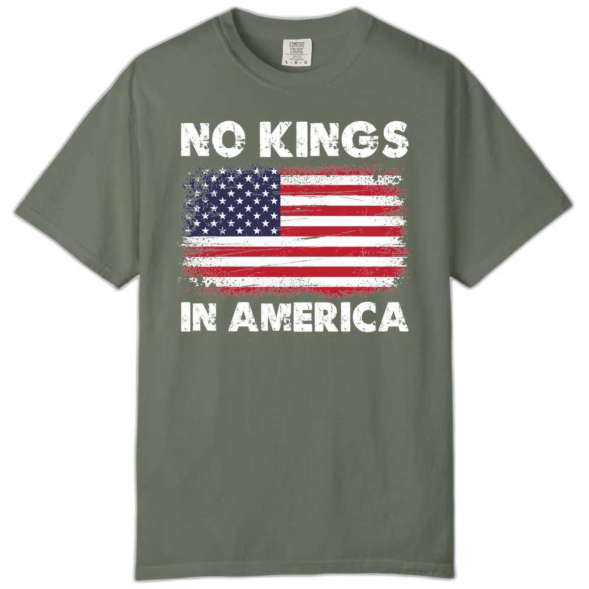 No Kings In America Distressed Flag Comfort Color in Moss