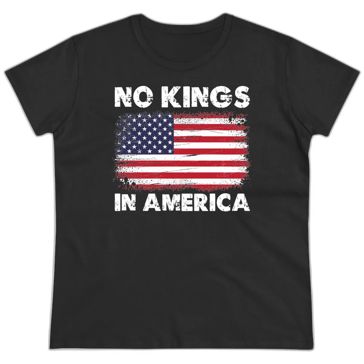 No Kings In America Distressed Flag Ladies Tee in Black