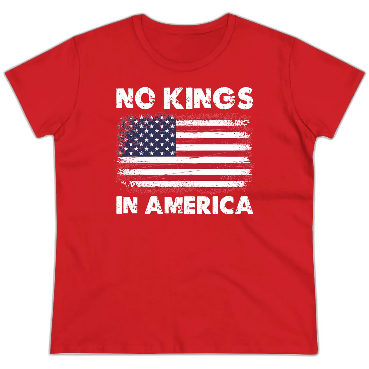 No Kings In America Distressed Flag Ladies Tee in Red