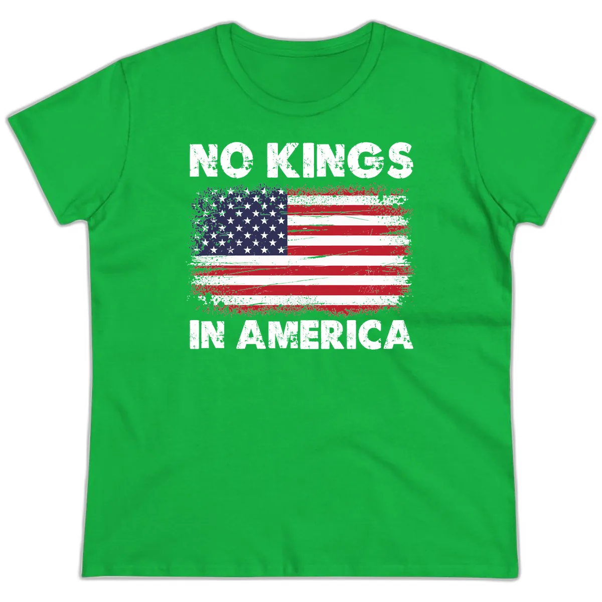 No Kings In America Distressed Flag Ladies Tee in Irish Green
