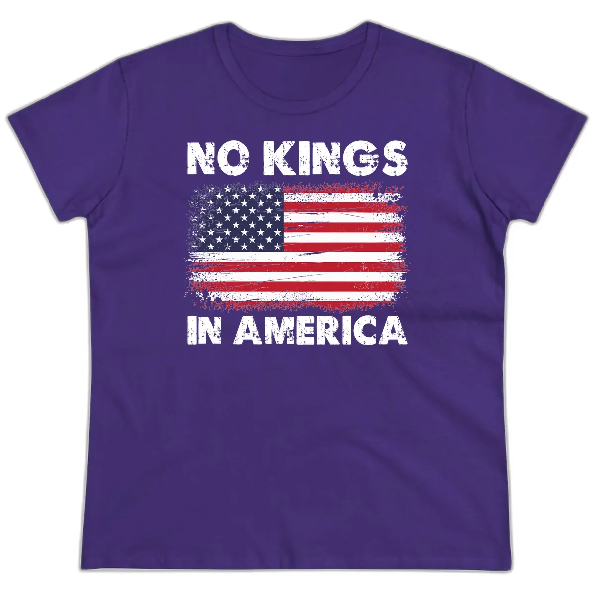 No Kings In America Distressed Flag Ladies Tee in Purple