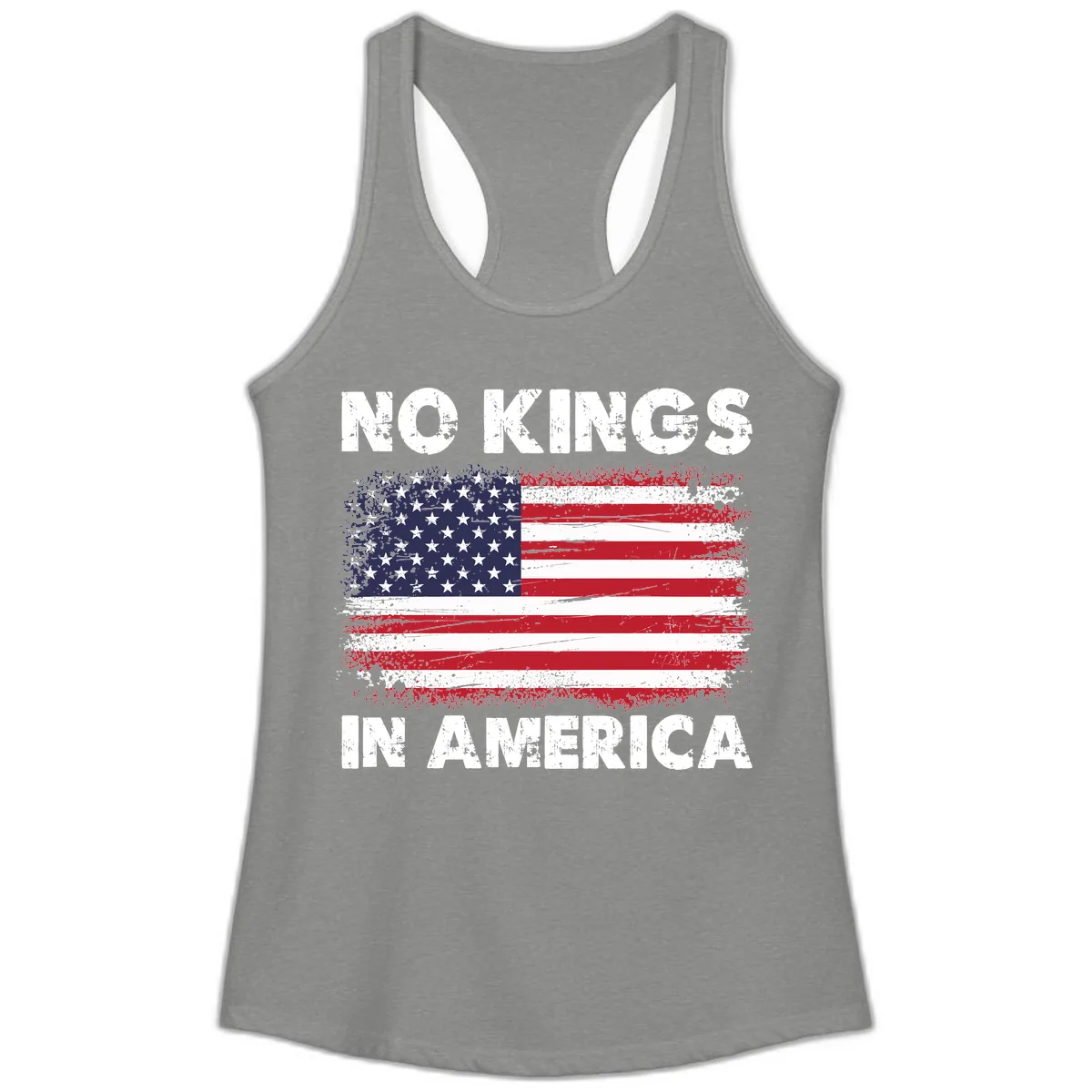 No Kings In America Distressed Flag Ladies Tank in Heather Grey