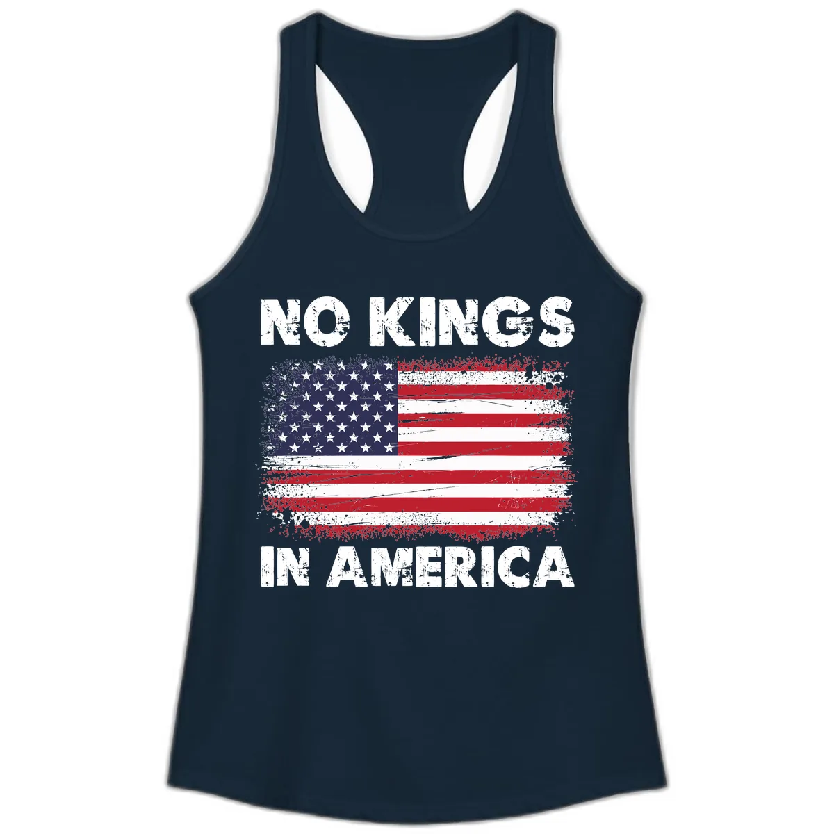 No Kings In America Distressed Flag Ladies Tank in Solid Midnight Navy