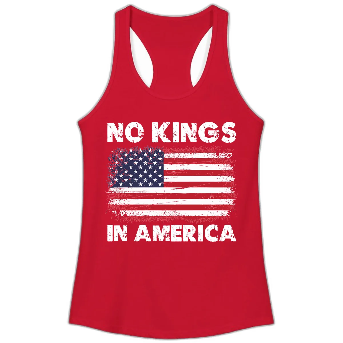 No Kings In America Distressed Flag Ladies Tank in Solid Red