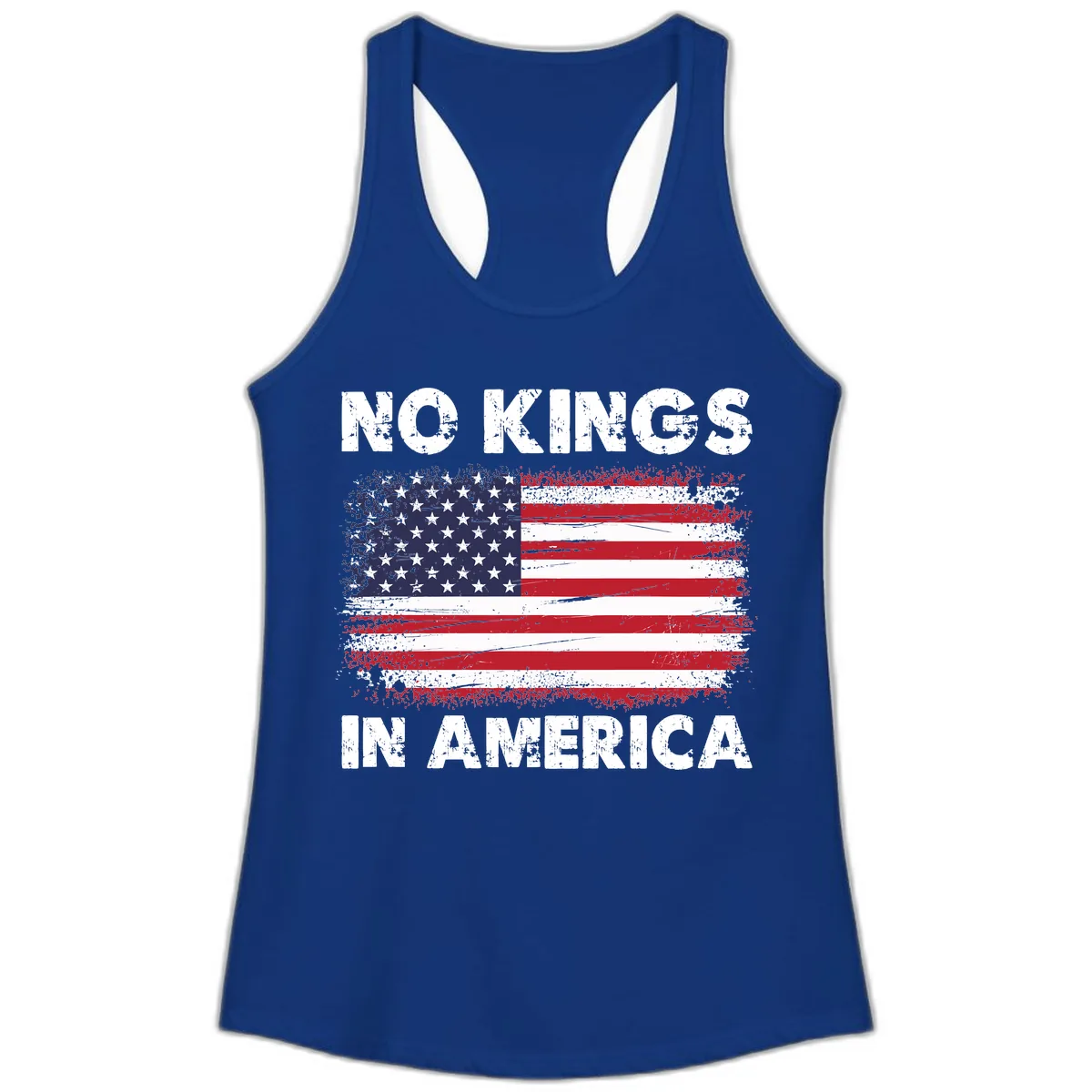 No Kings In America Distressed Flag Ladies Tank in Solid Royal