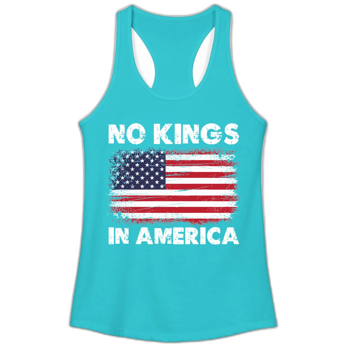 No Kings In America Distressed Flag Ladies Tank in Solid Tahiti Blue