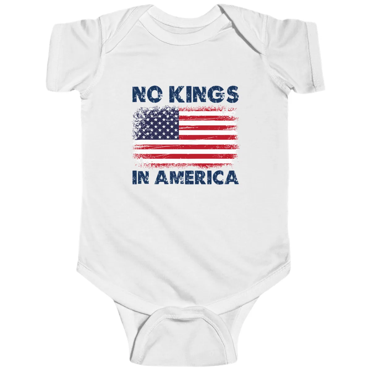 No Kings In America Distressed Flag Baby Onesie in White