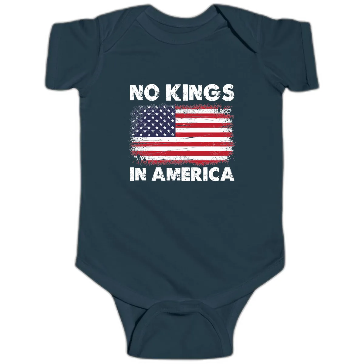 No Kings In America Distressed Flag Baby Onesie in Navy