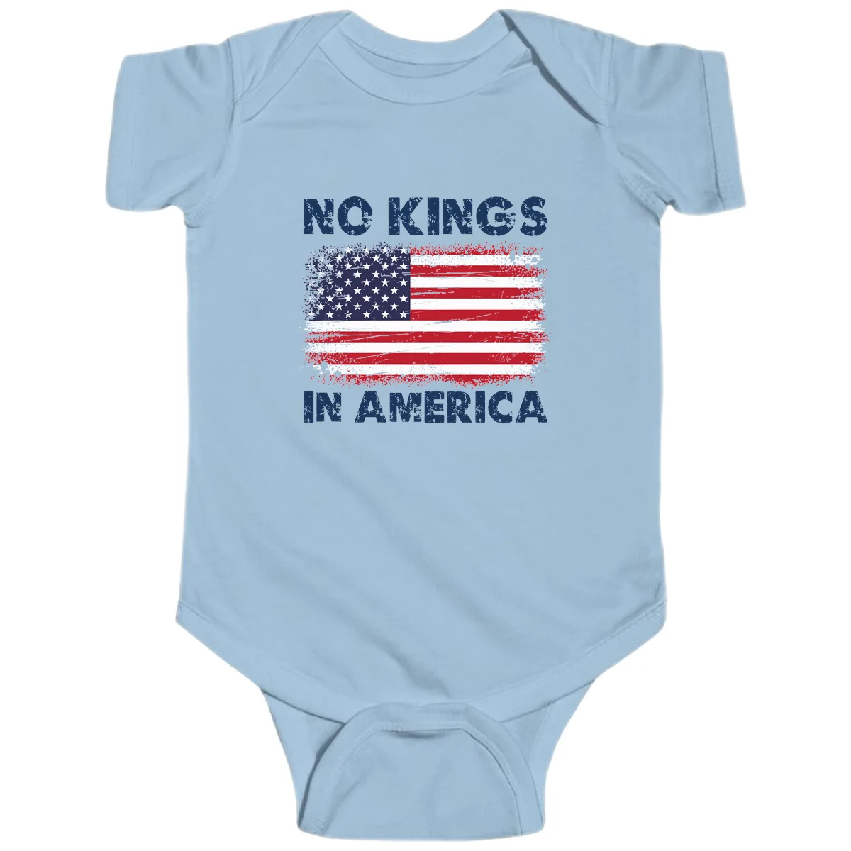 No Kings In America Distressed Flag Baby Onesie in Light Blue