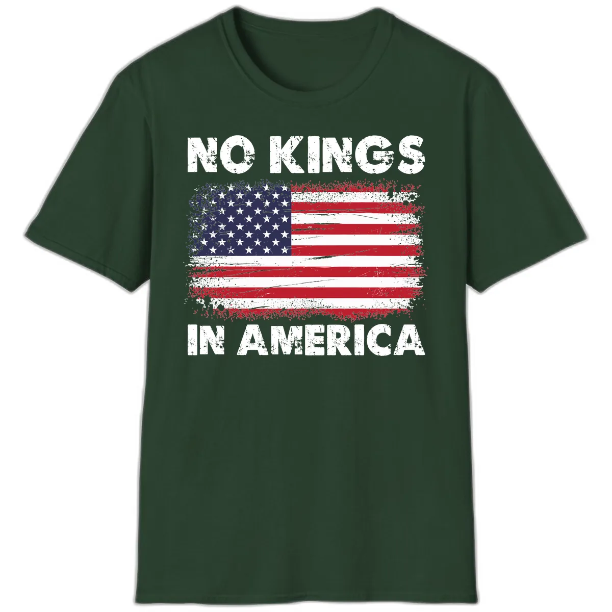 No Kings In America Distressed Flag T-Shirt in Forest Green