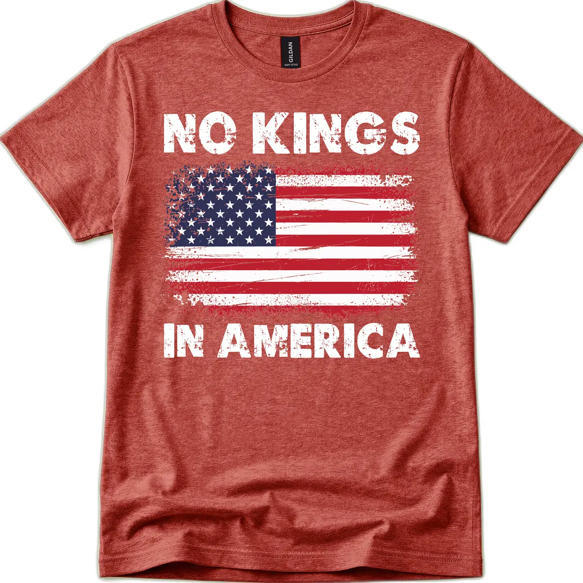 No Kings In America Distressed Flag T-Shirt in Heather Cardinal
