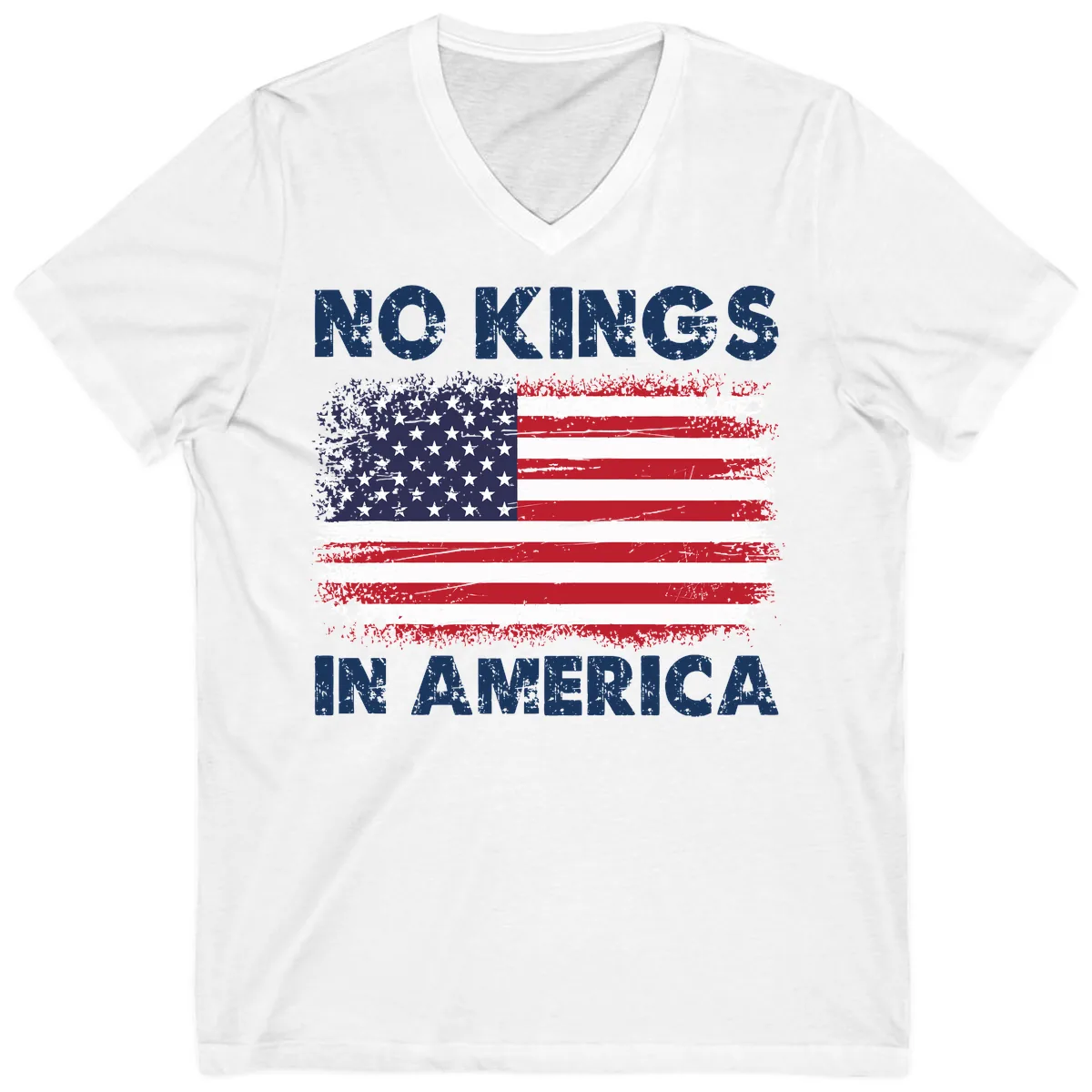 No Kings In America Distressed Flag V-Neck in White
