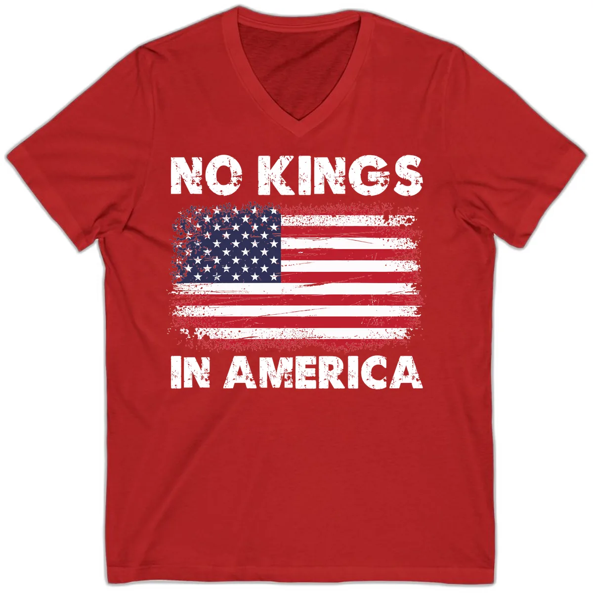 No Kings In America Distressed Flag V-Neck in Red