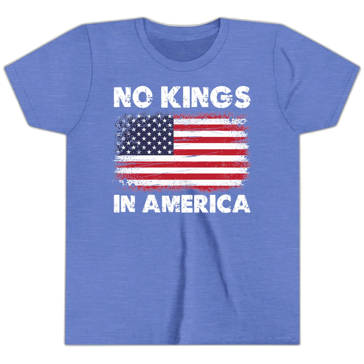 No Kings In America Distressed Flag Youth T-Shirt in Heather Columbia Blue