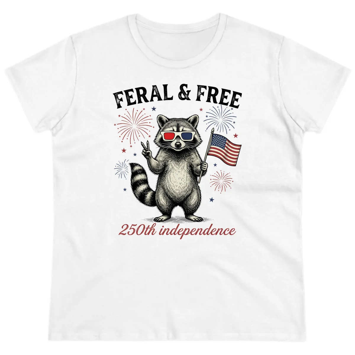 Feral & Free Raccoon 250th Independence Day Ladies Tee in White