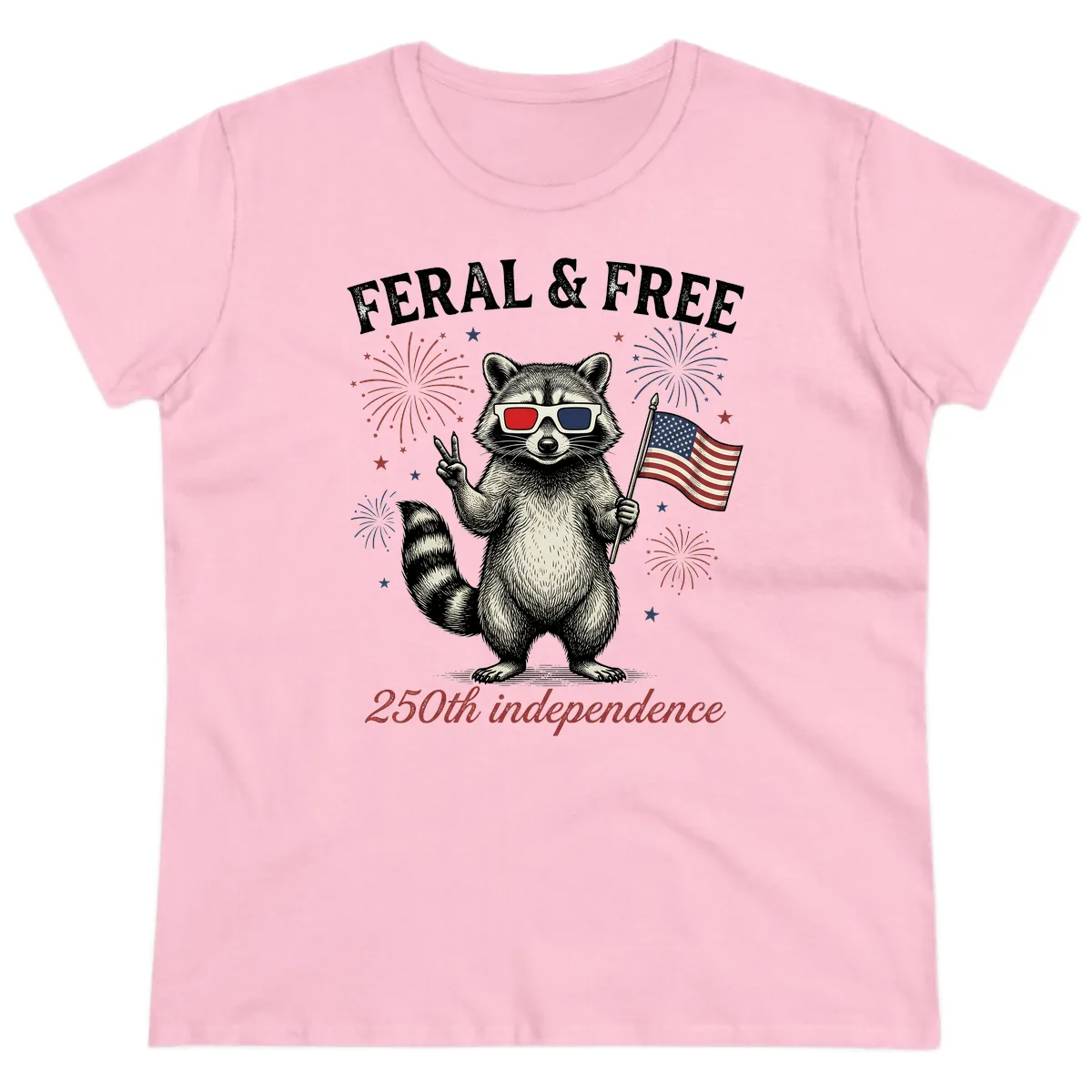 Feral & Free Raccoon 250th Independence Day Ladies Tee in Light Pink