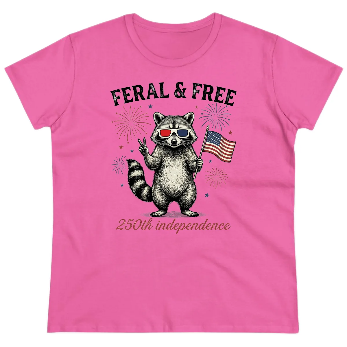 Feral & Free Raccoon 250th Independence Day Ladies Tee in Azalea