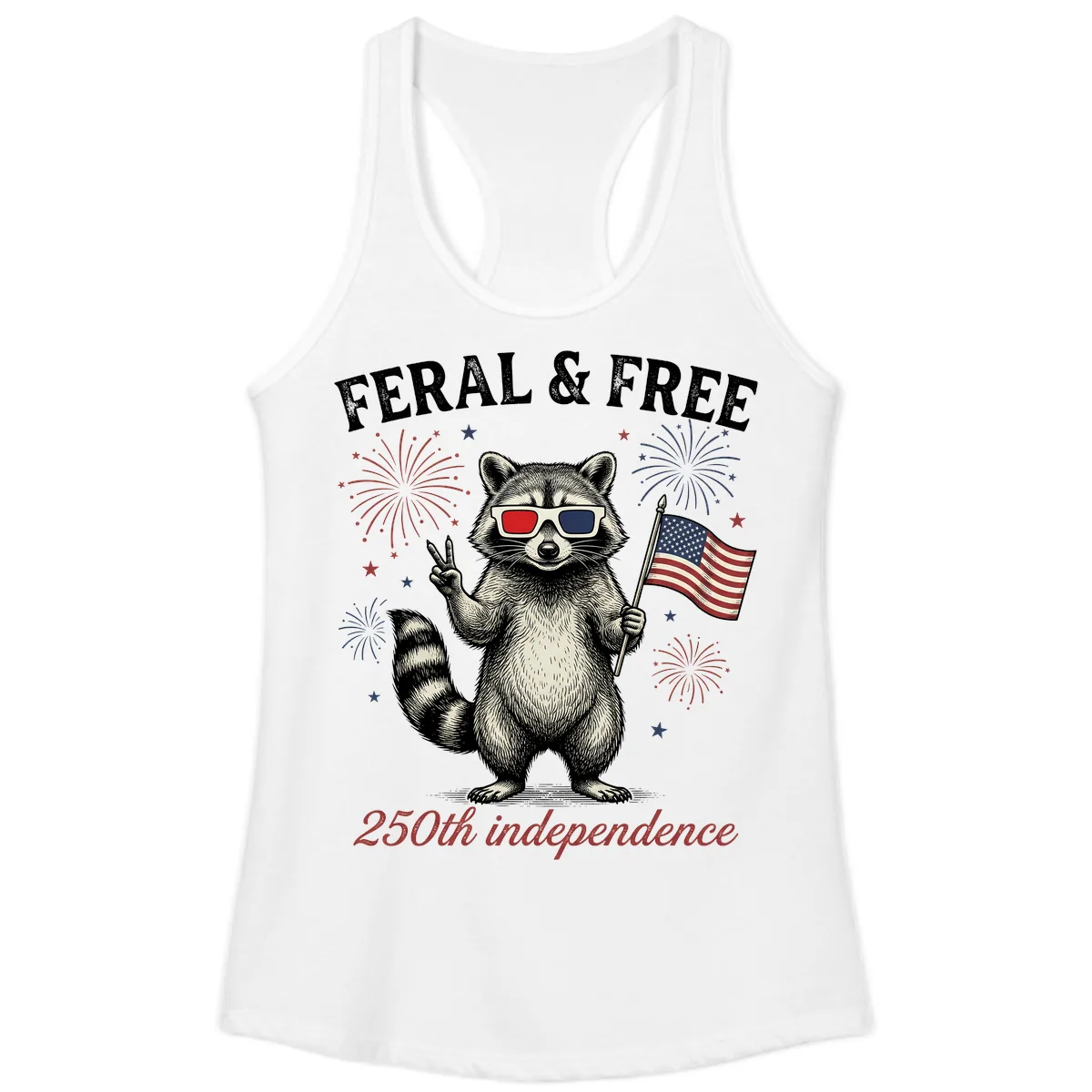 Feral & Free Raccoon 250th Independence Day Ladies Tank in White