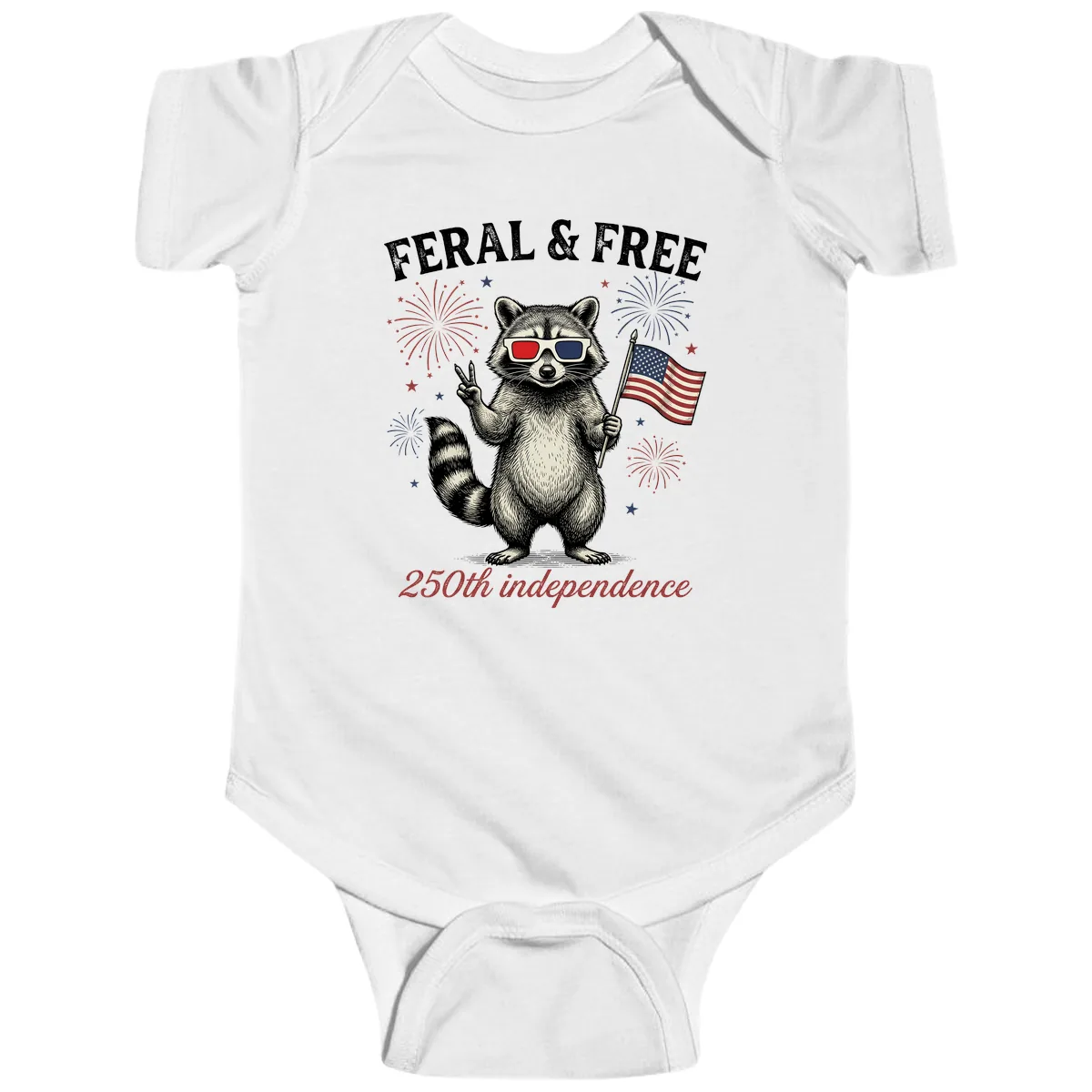 Feral & Free Raccoon 250th Independence Day Baby Onesie in White