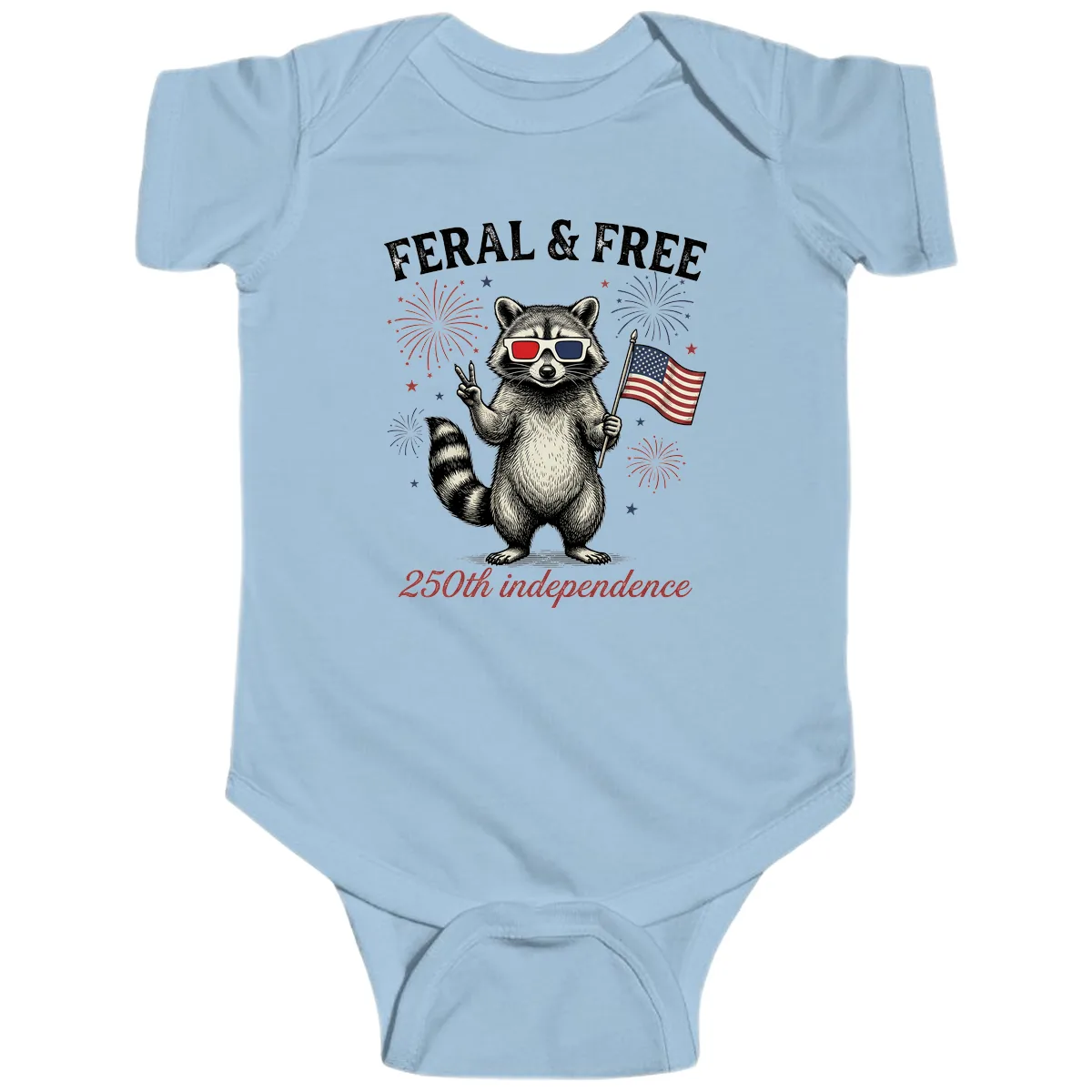 Feral & Free Raccoon 250th Independence Day Baby Onesie in Light Blue