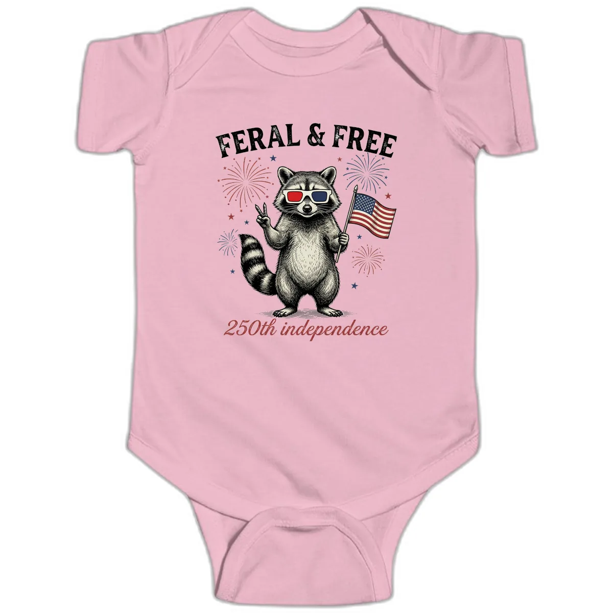 Feral & Free Raccoon 250th Independence Day Baby Onesie in Pink