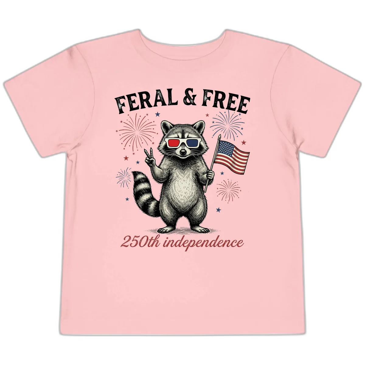 Feral & Free Raccoon 250th Independence Day Toddler T-Shirt in Pink