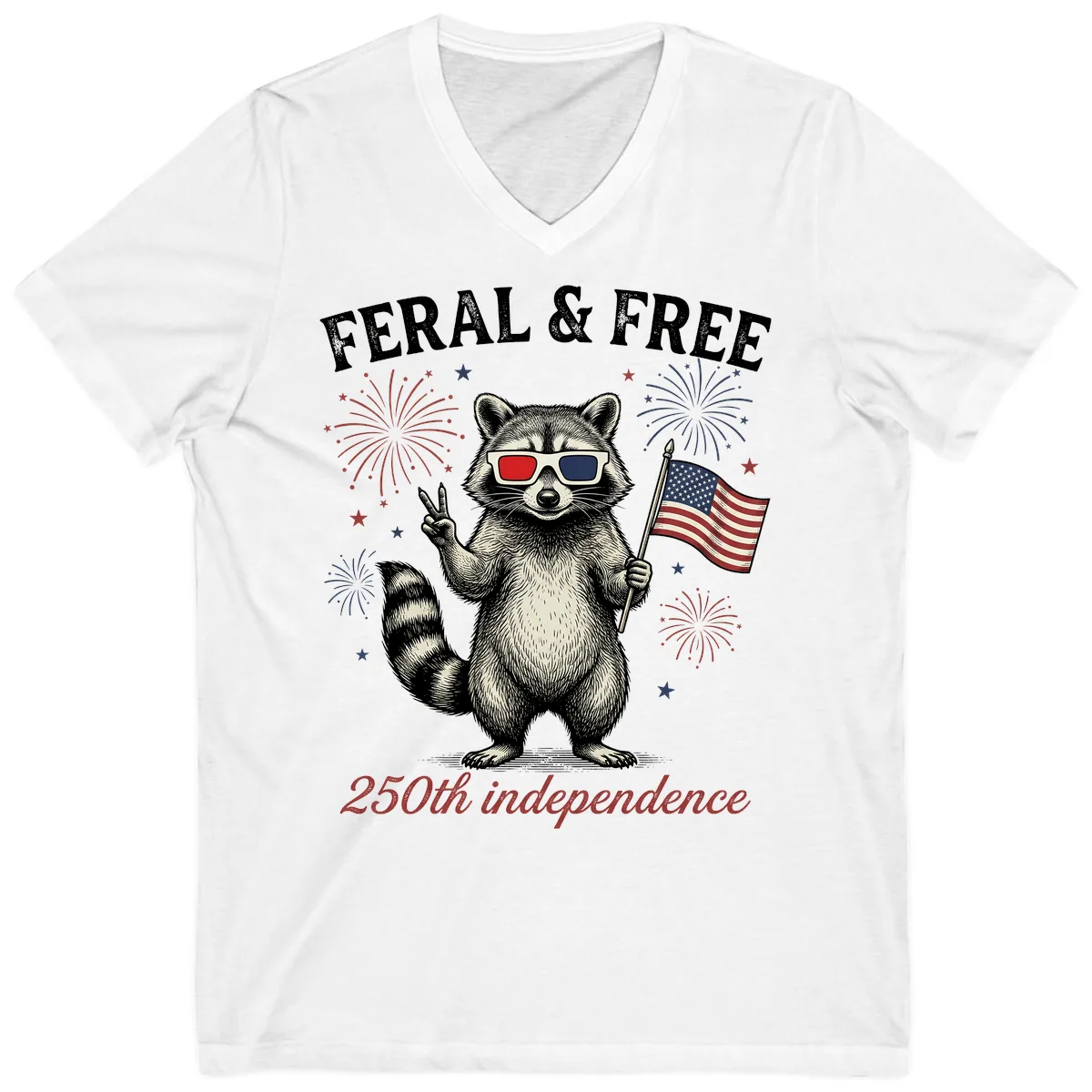 Feral & Free Raccoon 250th Independence Day V-Neck in White