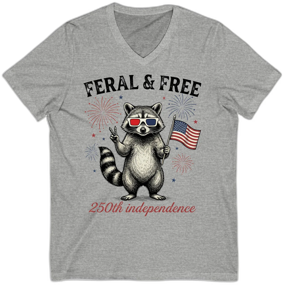 Feral & Free Raccoon 250th Independence Day V-Neck in Athletic Heather