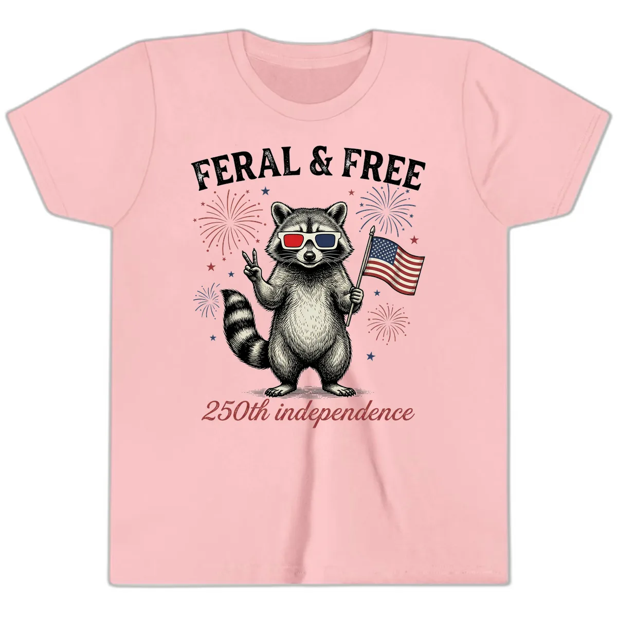 Feral & Free Raccoon 250th Independence Day Youth T-Shirt in Pink