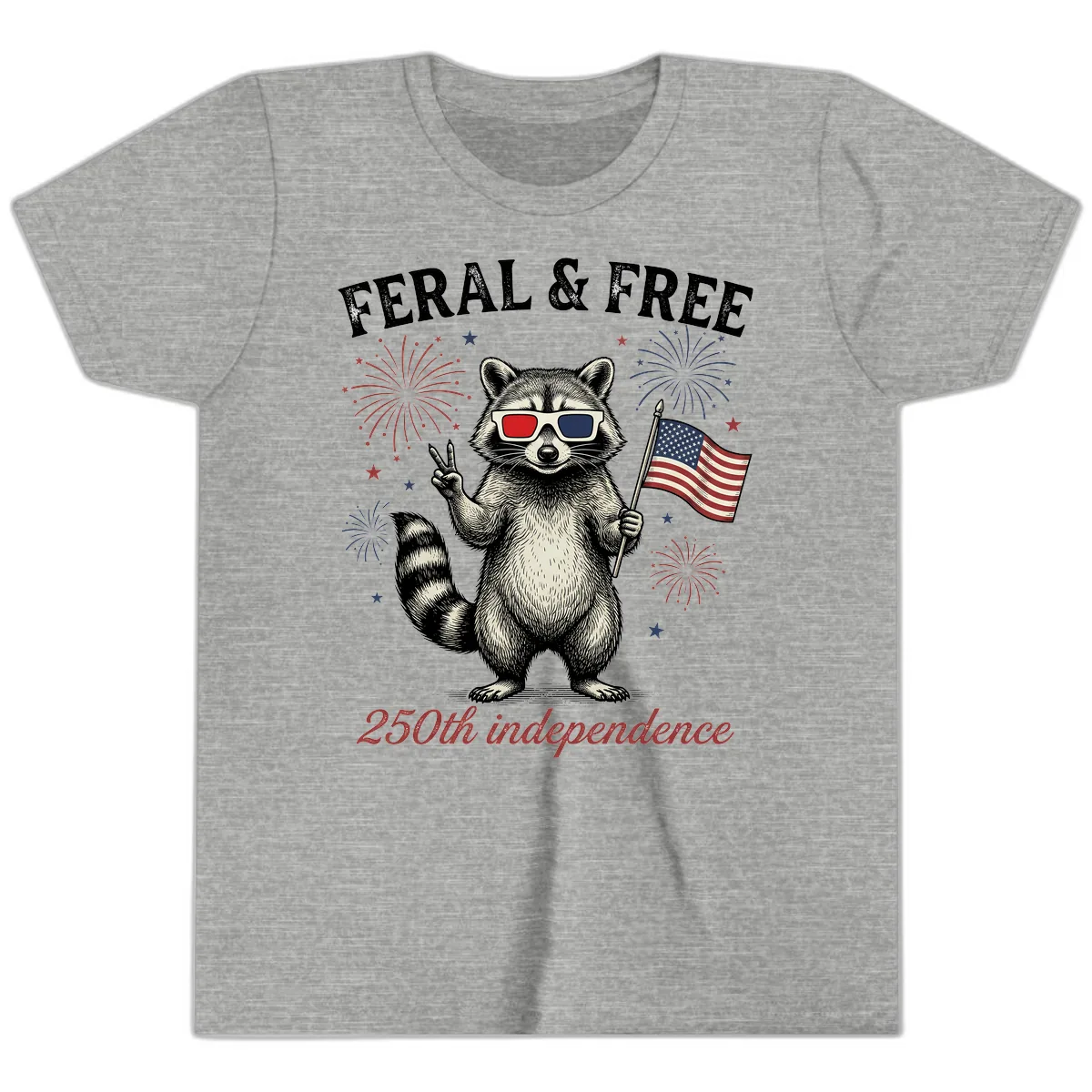 Feral & Free Raccoon 250th Independence Day Youth T-Shirt in Athletic Heather