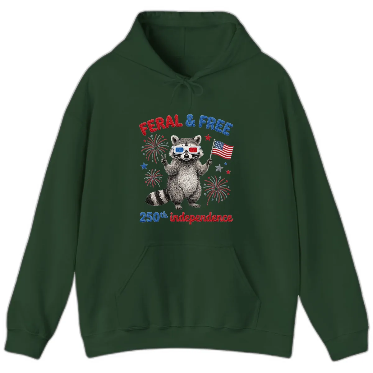 Feral And Free Raccoon 250th Independence Day Hoodie in Forest Green
