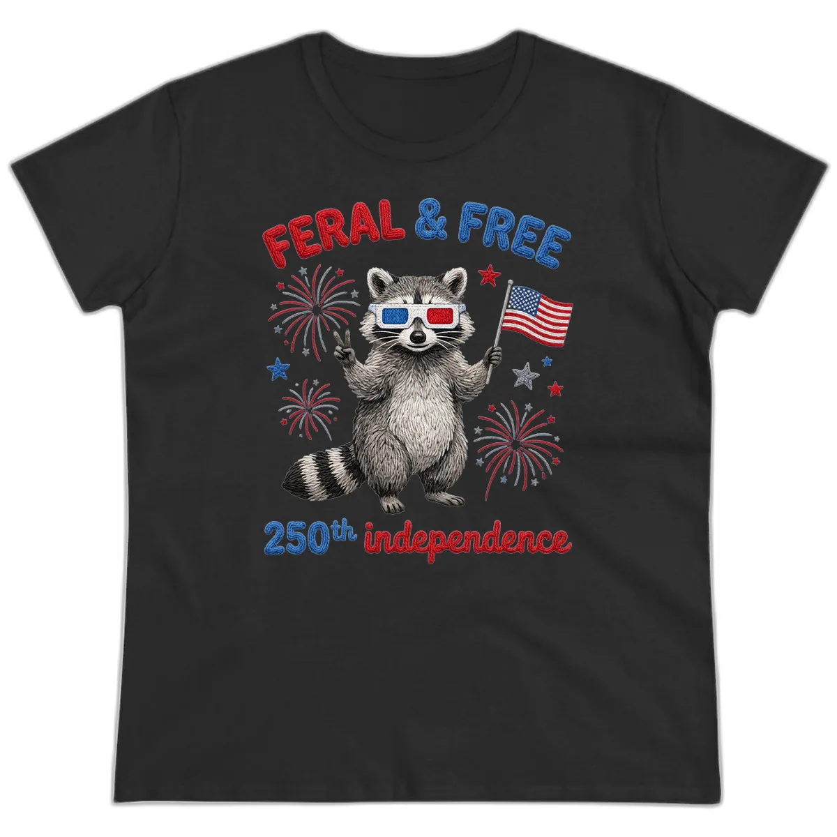 Feral And Free Raccoon 250th Independence Day Ladies Tee in Black