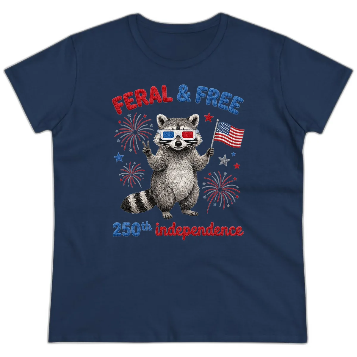 Feral And Free Raccoon 250th Independence Day Ladies Tee in Navy