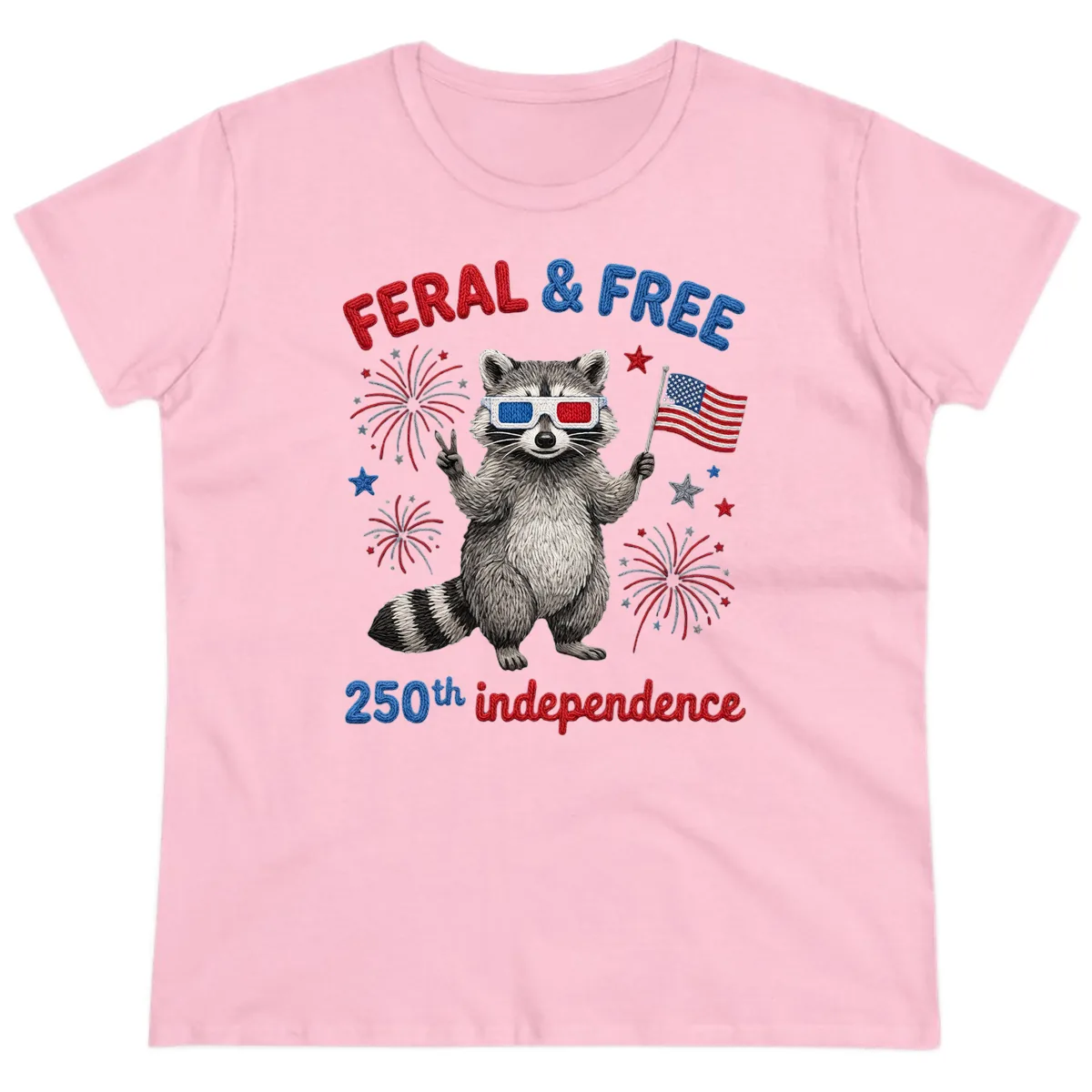 Feral And Free Raccoon 250th Independence Day Ladies Tee in Light Pink