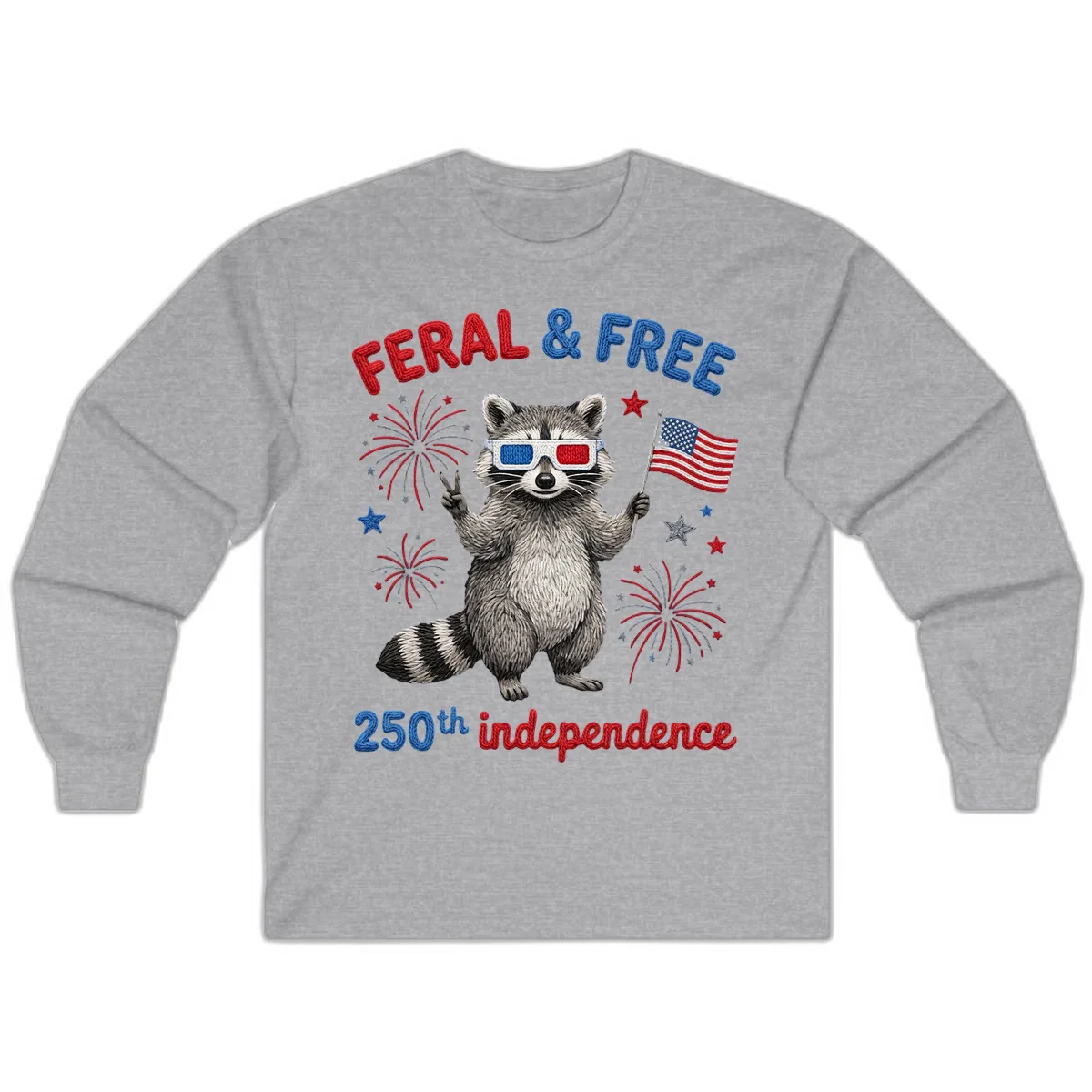 Feral And Free Raccoon 250th Independence Day Long Sleeve in Sport Grey