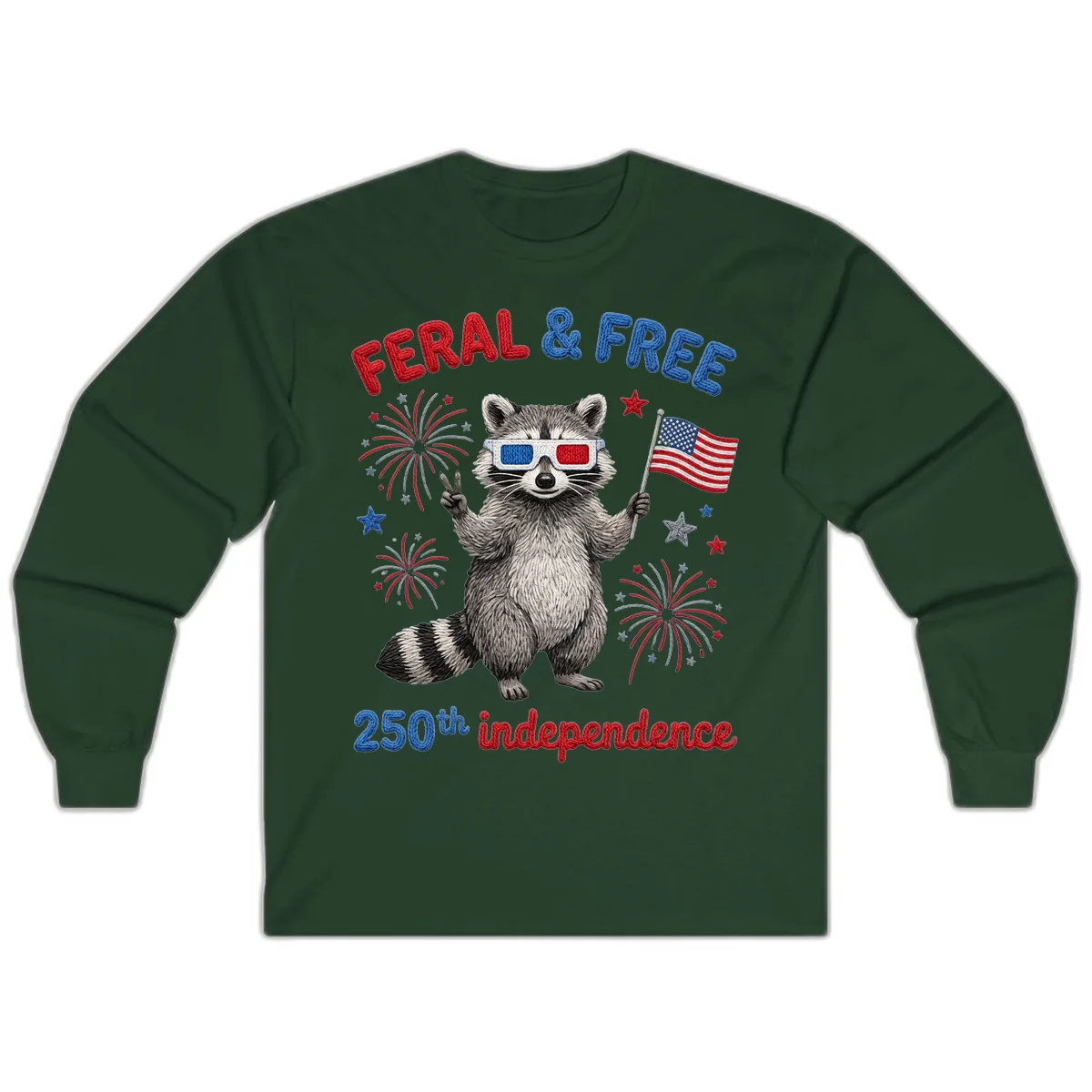Feral And Free Raccoon 250th Independence Day Long Sleeve in Forest Green