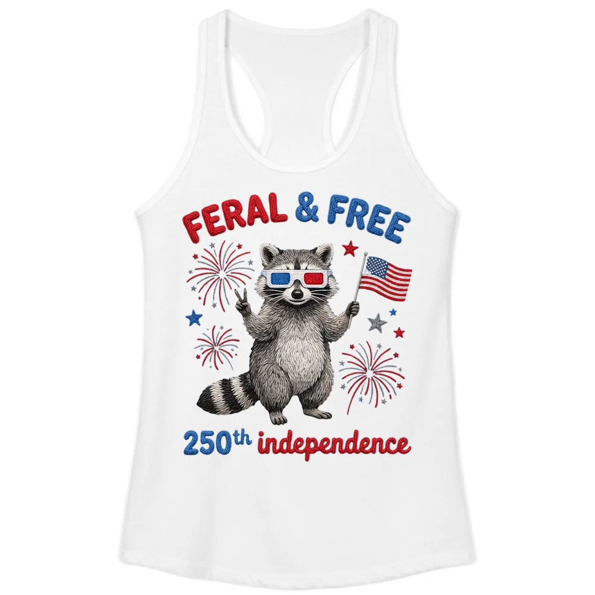 Feral And Free Raccoon 250th Independence Day Ladies Tank in White