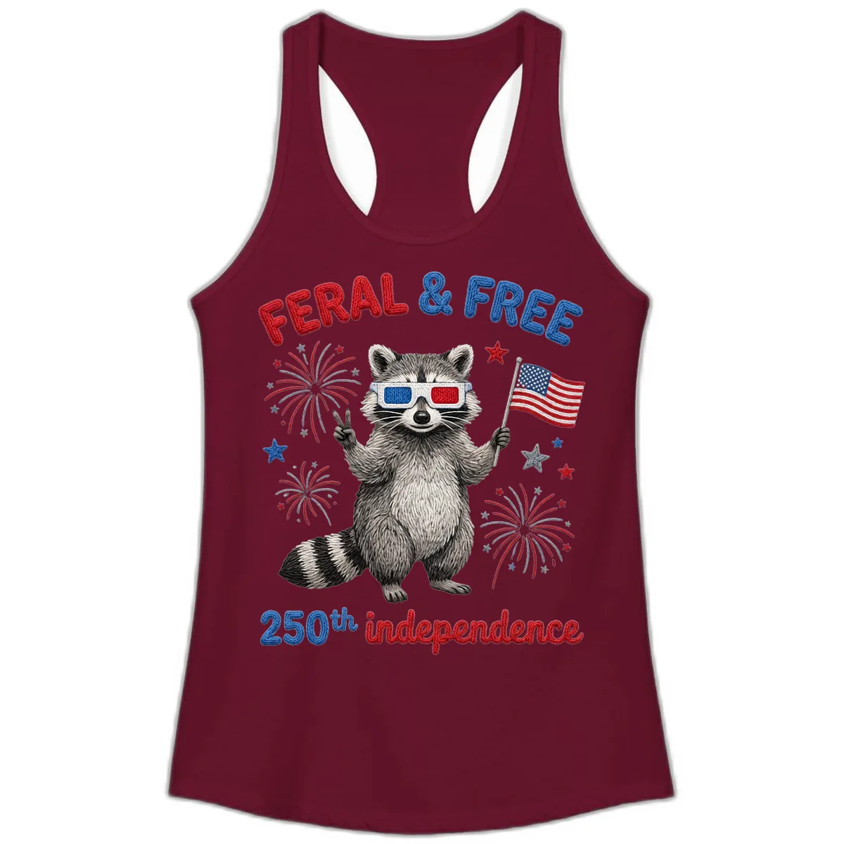 Feral And Free Raccoon 250th Independence Day Ladies Tank in Solid Cardinal Red