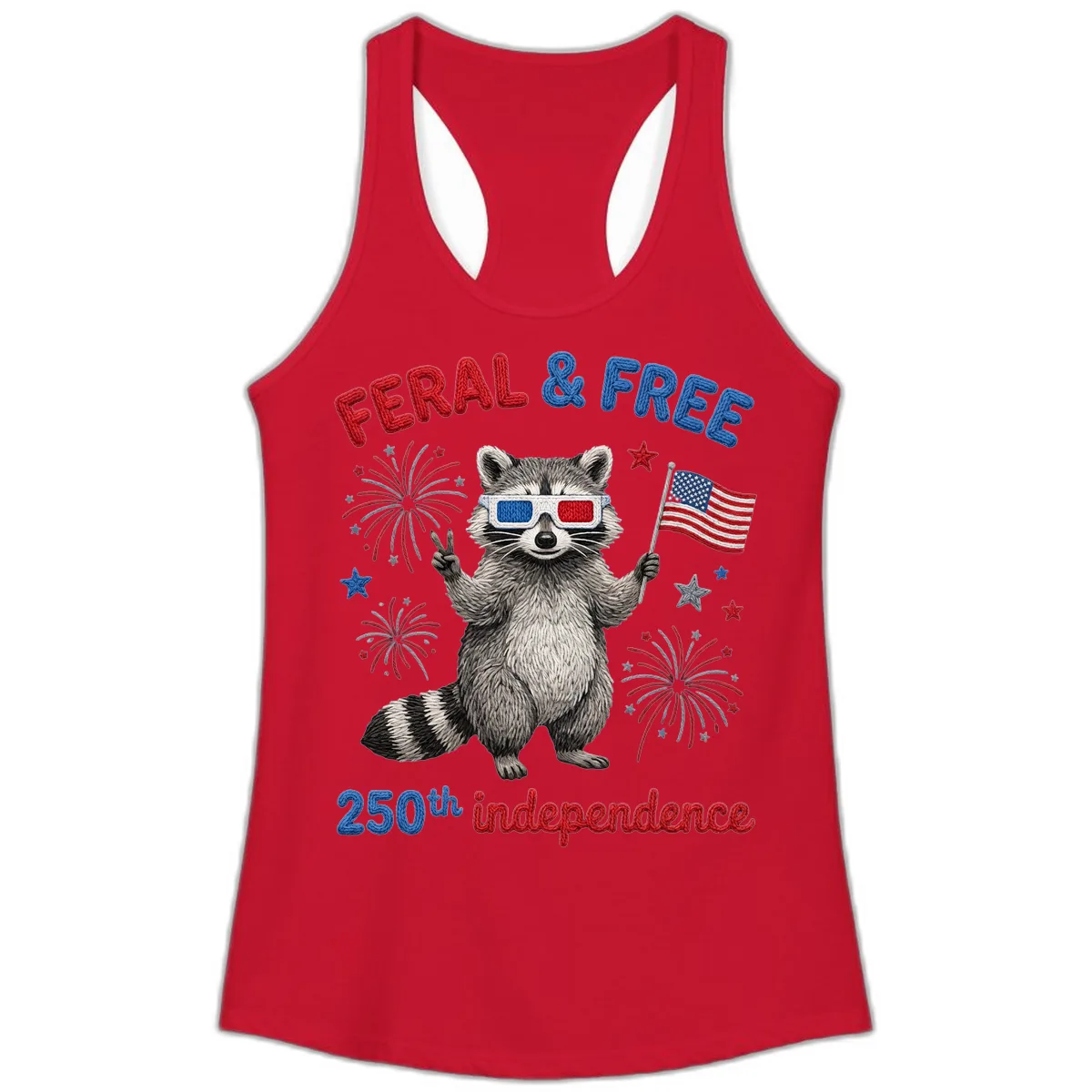 Feral And Free Raccoon 250th Independence Day Ladies Tank in Solid Red