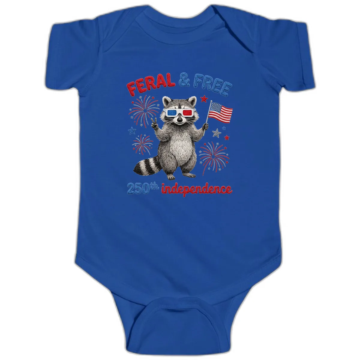 Feral And Free Raccoon 250th Independence Day Baby Onesie in Royal