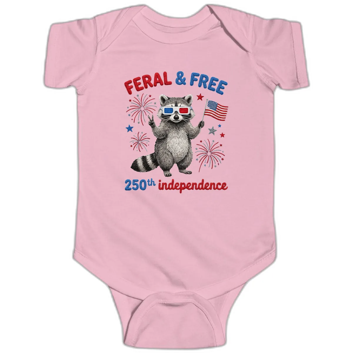Feral And Free Raccoon 250th Independence Day Baby Onesie in Pink