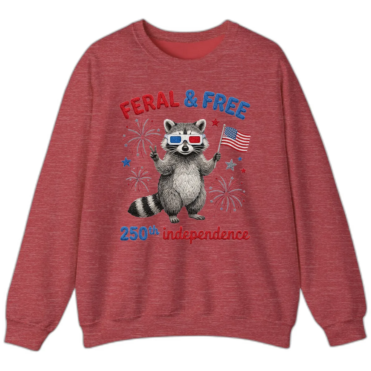 Feral And Free Raccoon 250th Independence Day Sweatshirt in Heather Scarlet Red