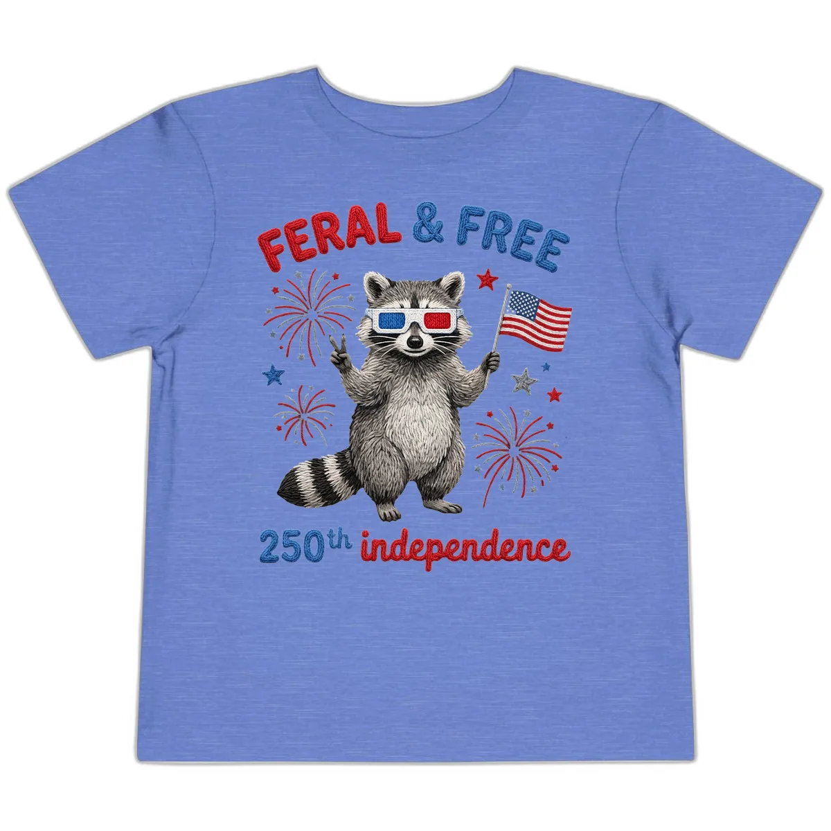 Feral And Free Raccoon 250th Independence Day Toddler T-Shirt in Heather Columbia Blue