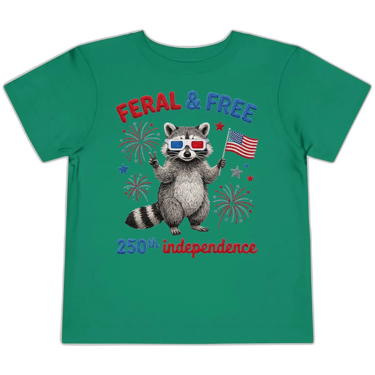 Feral And Free Raccoon 250th Independence Day Toddler T-Shirt in Kelly