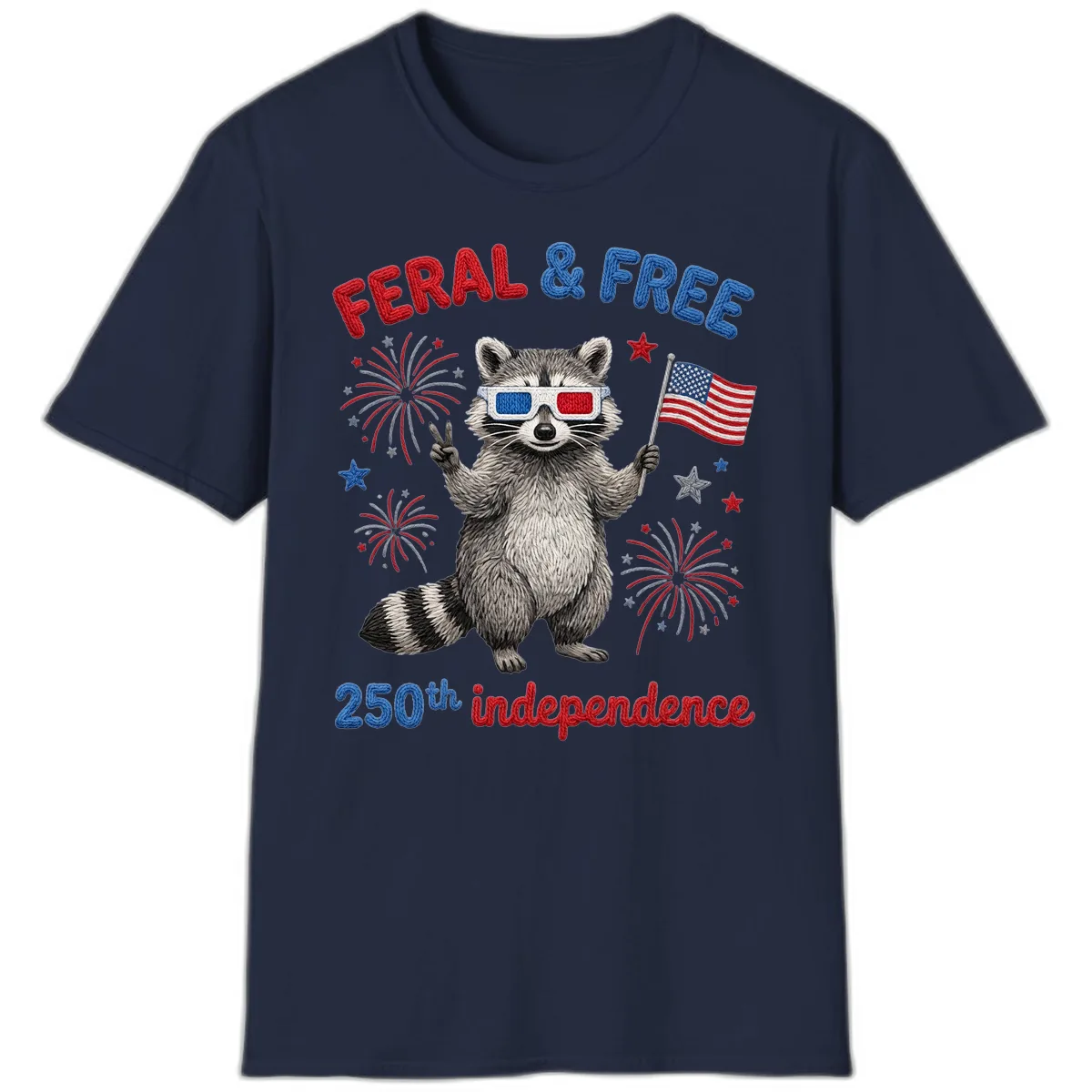 Feral And Free Raccoon 250th Independence Day T-Shirt in Navy