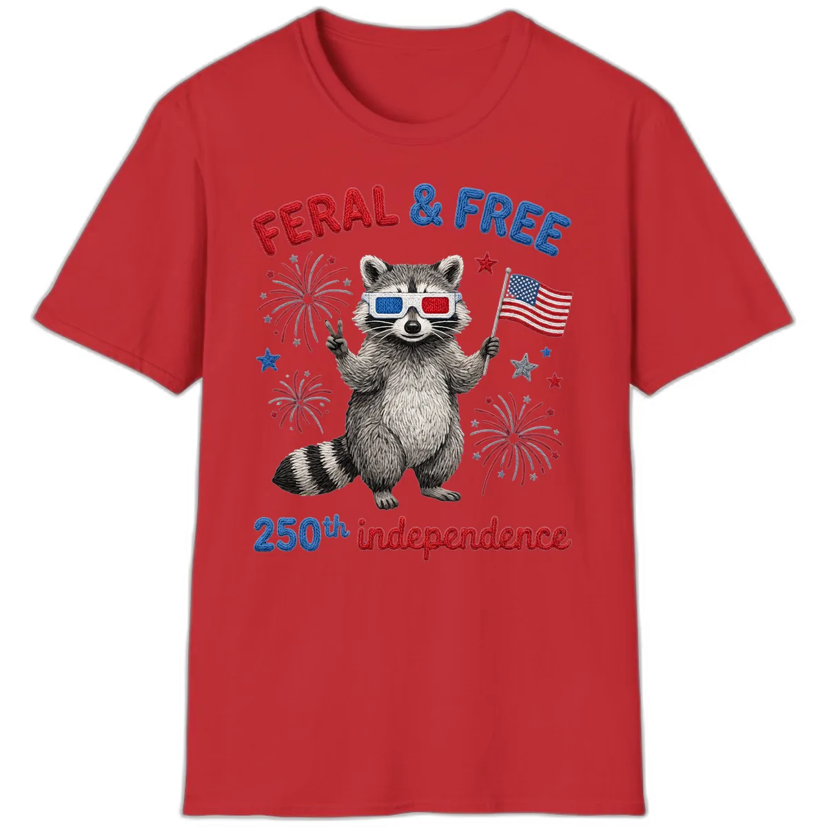 Feral And Free Raccoon 250th Independence Day T-Shirt in Red