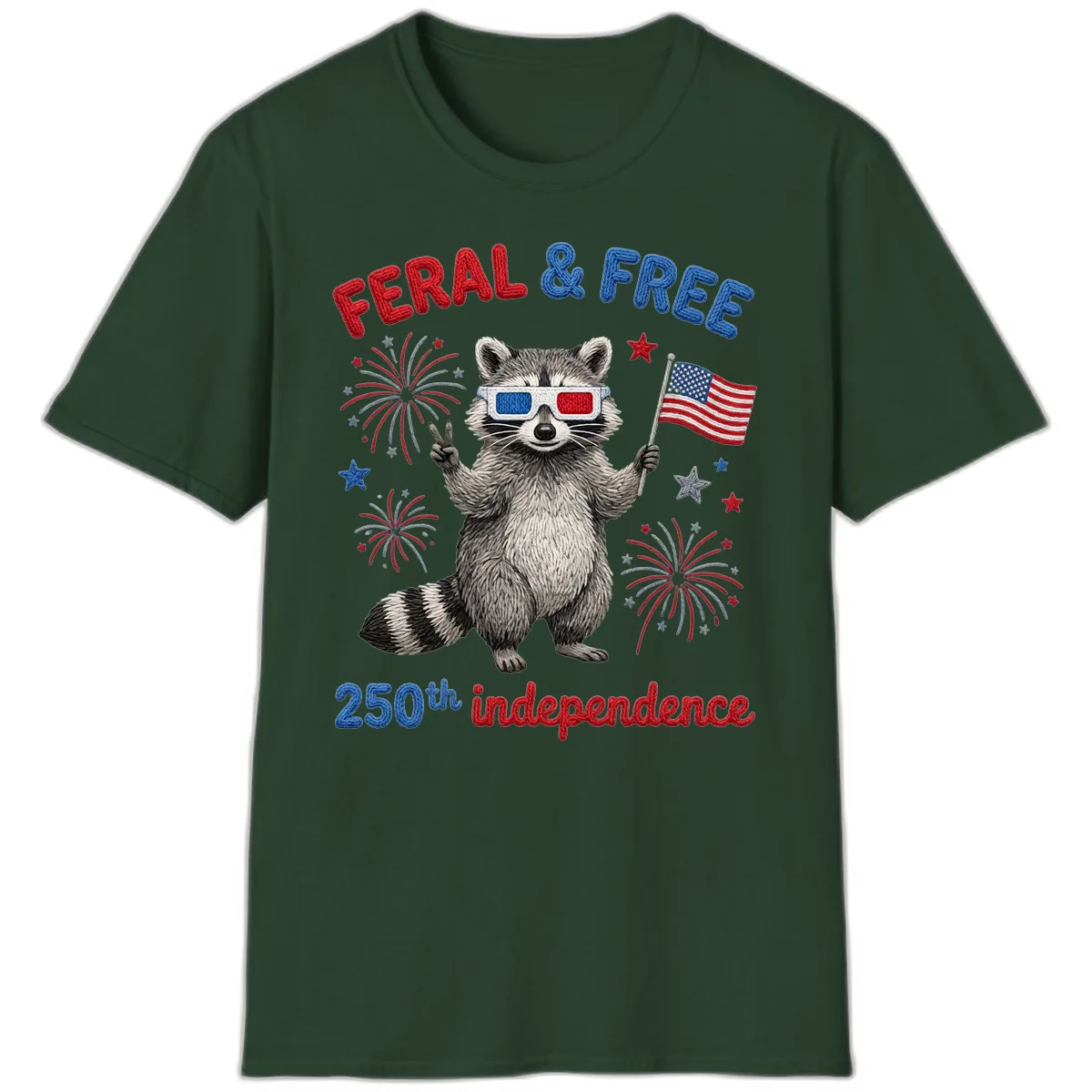 Feral And Free Raccoon 250th Independence Day T-Shirt in Forest Green