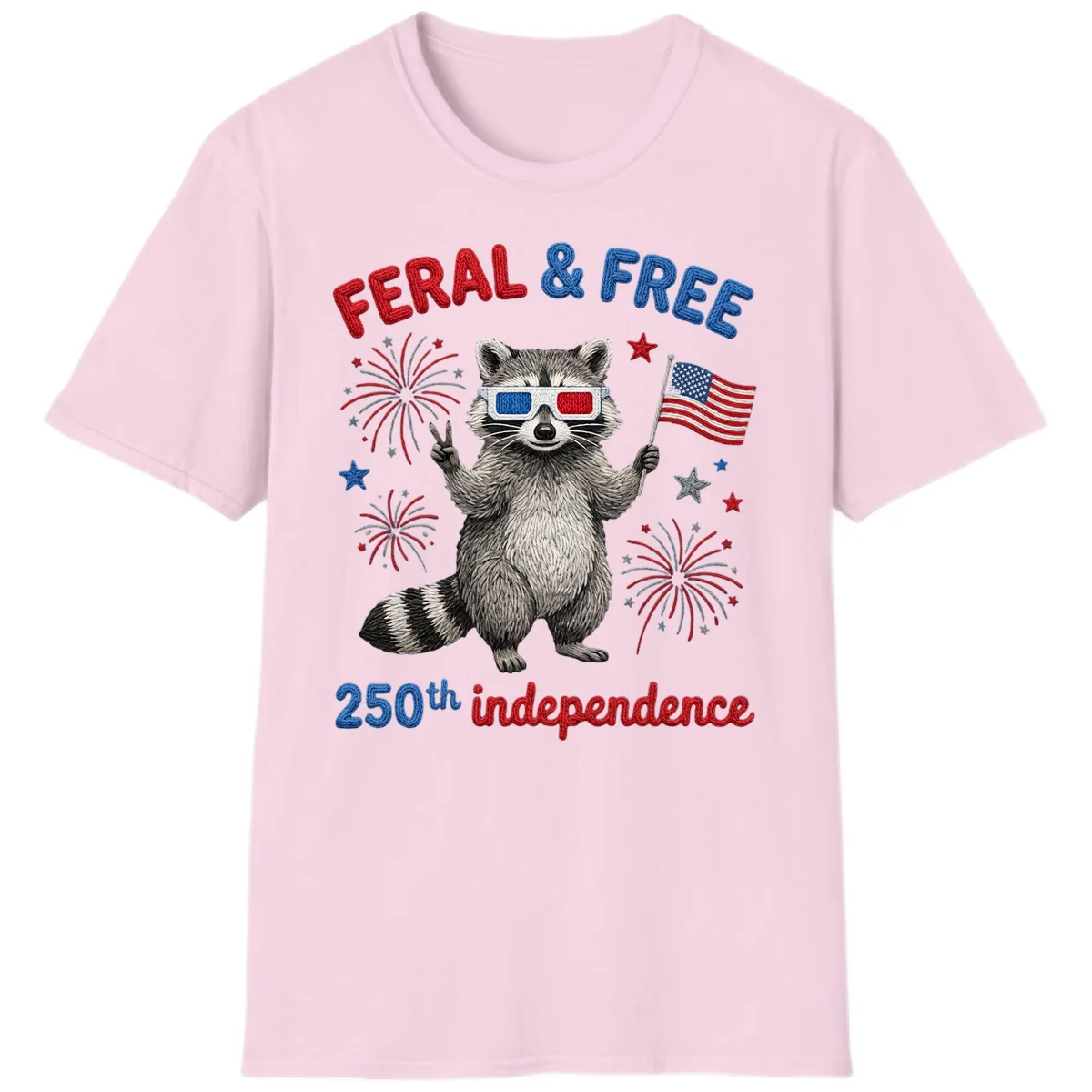 Feral And Free Raccoon 250th Independence Day T-Shirt in Light Pink