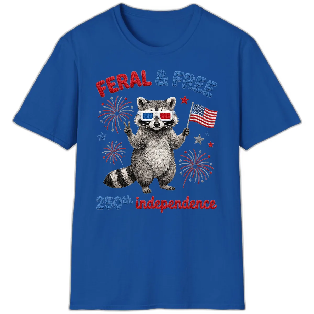 Feral And Free Raccoon 250th Independence Day T-Shirt in Royal