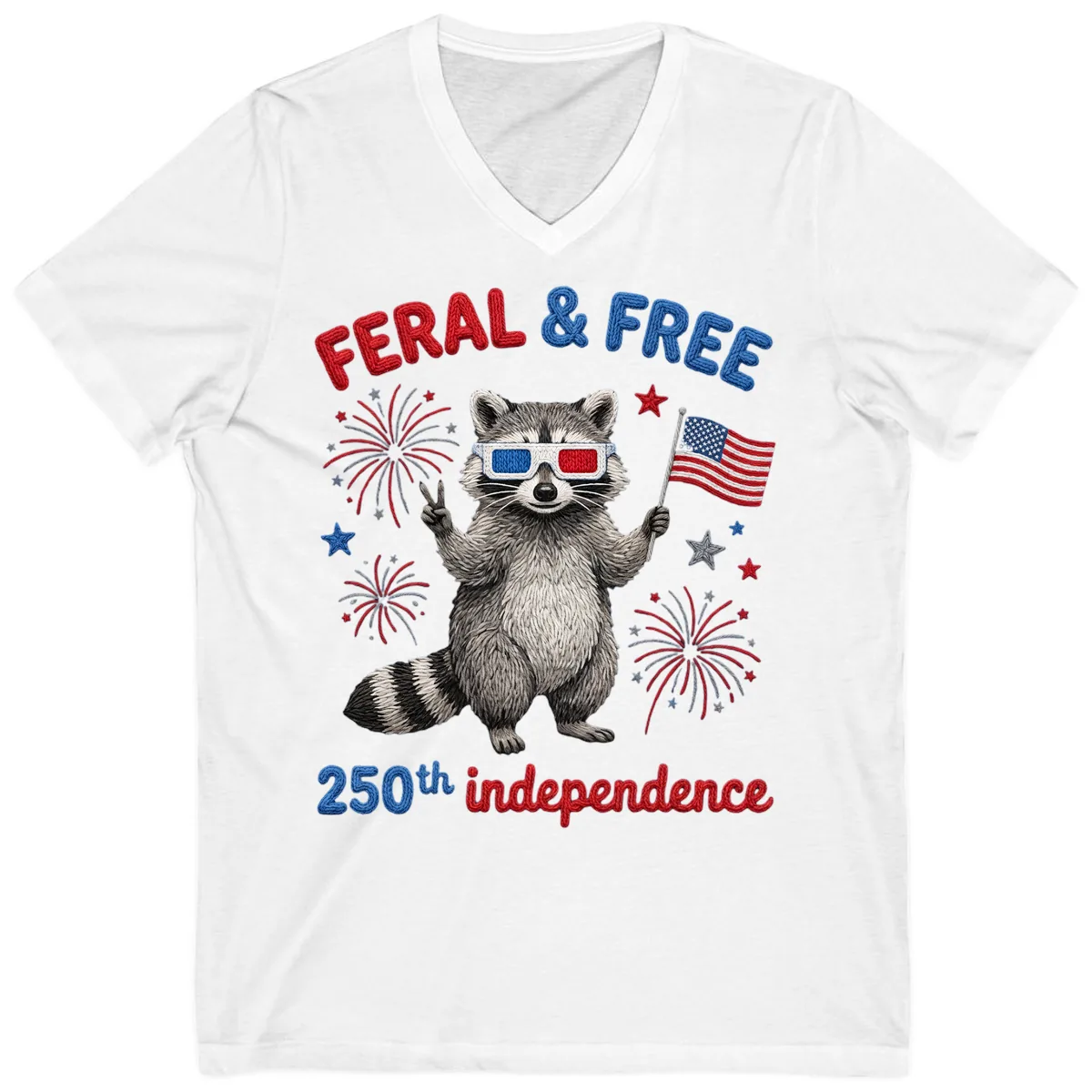 Feral And Free Raccoon 250th Independence Day V-Neck in White
